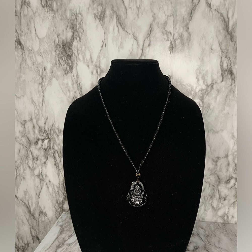 JADE obsidian Black Hand Carved Maitreya Buddah Pendant Necklace